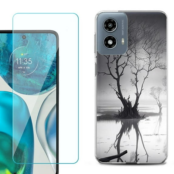 Phone Case for Motorola Moto G 5G 2024, with Tempered Glass Screen Protector, by OneToughShield - Tree BW