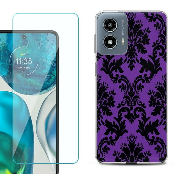 Phone Case for Motorola Moto G 5G 2024, with Tempered Glass Screen Protector, by OneToughShield - Victorian Purple/Black