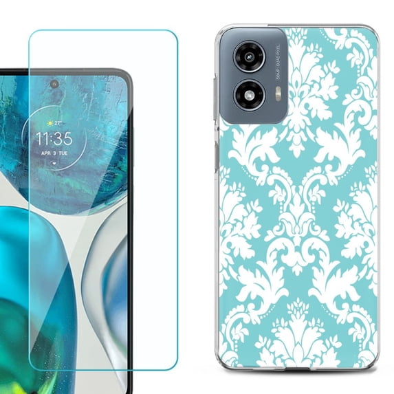 Phone Case for Motorola Moto G 5G 2024, with Tempered Glass Screen Protector, by OneToughShield - Victorian White/Teal