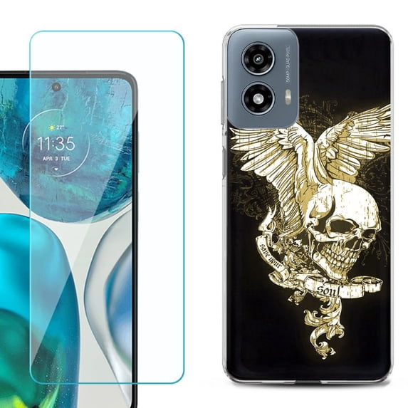 Phone Case for Motorola Moto G 5G 2024, with Tempered Glass Screen Protector, by OneToughShield - Wing Skull