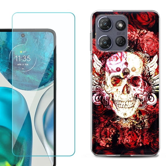 Phone Case for Motorola Moto G 5G 2026, with Screen Protector, by OneToughShield - Rose Skull