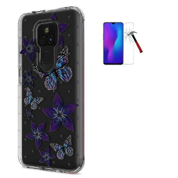 Phone Case for Motorola Moto G Play (2021)/ Cricket Wireless Moto G Play, Transparent Hybrid Case Cover + Tempered Glass (Purple-Blue Butterfly)