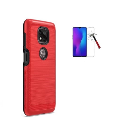 Phone Case for Motorola Moto G Power (2021), Dual Layer Brushed Texture Cover + Tempered Glass (Red)