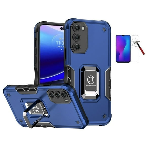 Phone Case for Motorola Moto G Stylus 5G 2022, Magnetic Adsorption Case Cover Ring Kickstand +Tempered Glass (Blue)