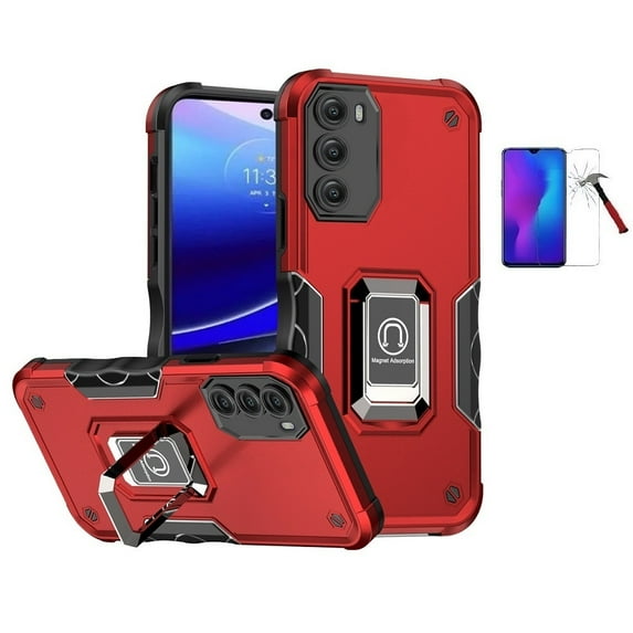 Phone Case for Motorola Moto G Stylus 5G 2022, Magnetic Adsorption Case Cover Ring Kickstand +Tempered Glass (Red)
