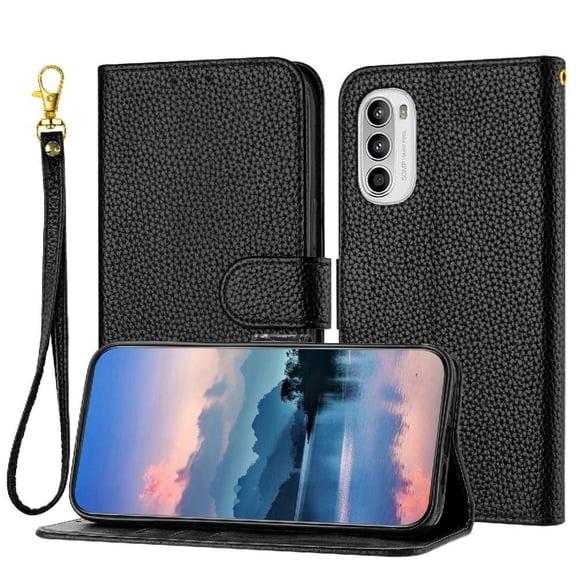 Phone Case for Motorola Moto G52/G82 PU Lether Litch Pattern Flip Folio Card Slots Holder Wallet