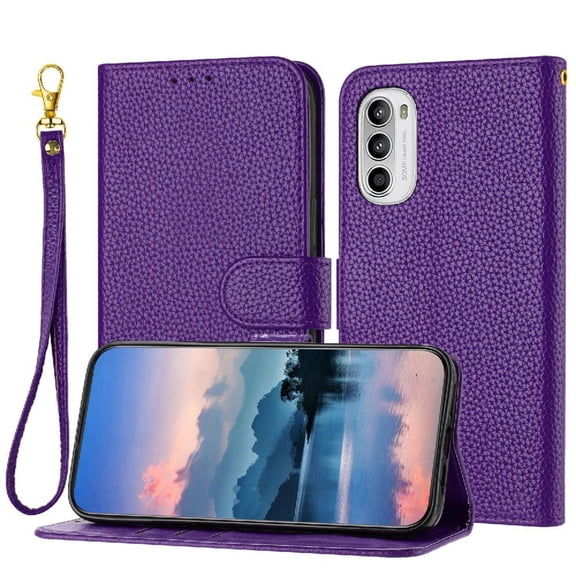 Phone Case for Motorola Moto G52/G82 PU Lether Litch Pattern Flip Folio Card Slots Holder Wallet