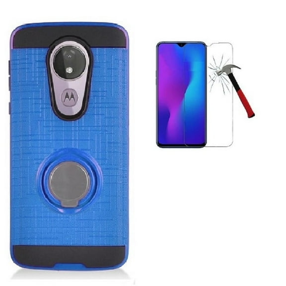 Phone Case for Motorola Moto G7 Power / Moto G7 Supra / Moto G7 Optimo Maxx with Tempered Glass, Magnetic Ring Kickstand Hybrid Case Cover (Blue)