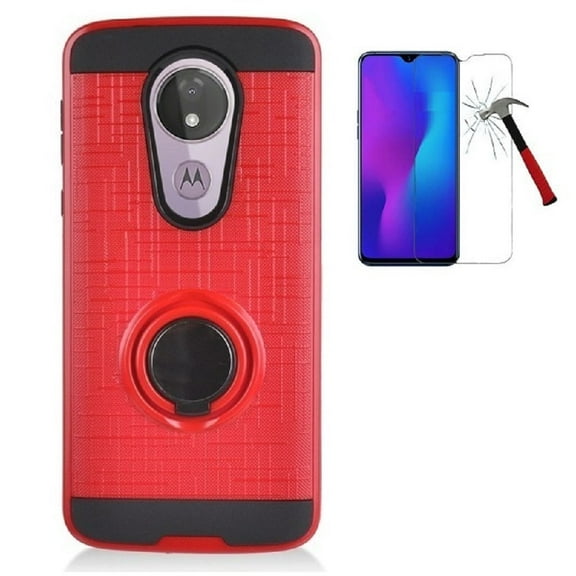 Phone Case for Motorola Moto G7 Power / Moto G7 Supra / Moto G7 Optimo Maxx with Tempered Glass, Magnetic Ring Kickstand Hybrid Case Cover (Red)