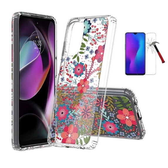 Phone Case for Motorola Moto g 5G 2022, Design Transparent Hybrid Case Cover with Tempered Glass Screen Protector (Red Flower)
