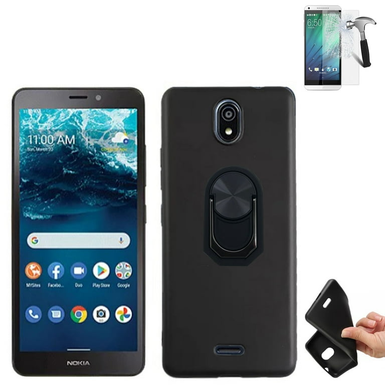 Phone Case for Nokia C100 N152DL Screen Protector, Ring Stand (Flexible Gel  Black +Tempered Glass +2in1Ring)