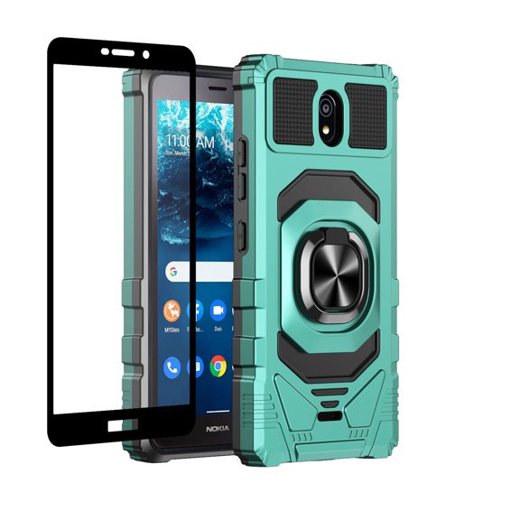 Phone Case for Nokia C100 Ring Stand Magnetic Car Mount Kickstand with Screen Protector Hybrid Hard TPU [MILITARY GRADE] Shockproof Cover [ Teal ]
