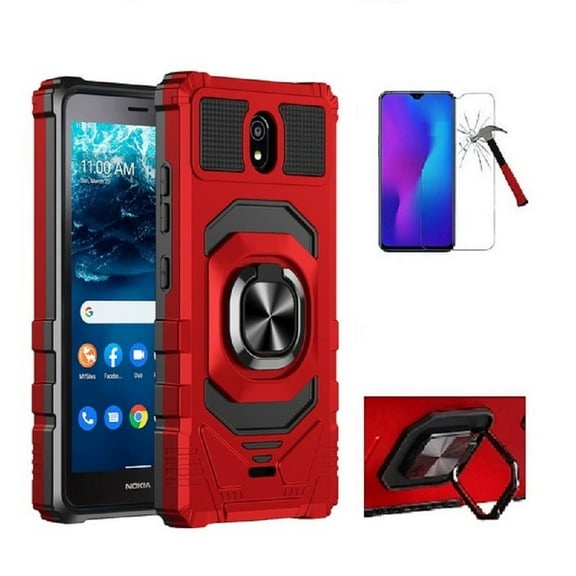 Phone Case for Nokia C100, Ring Stand Tough Hybrid Case Cover + Tempered Glass (Red)