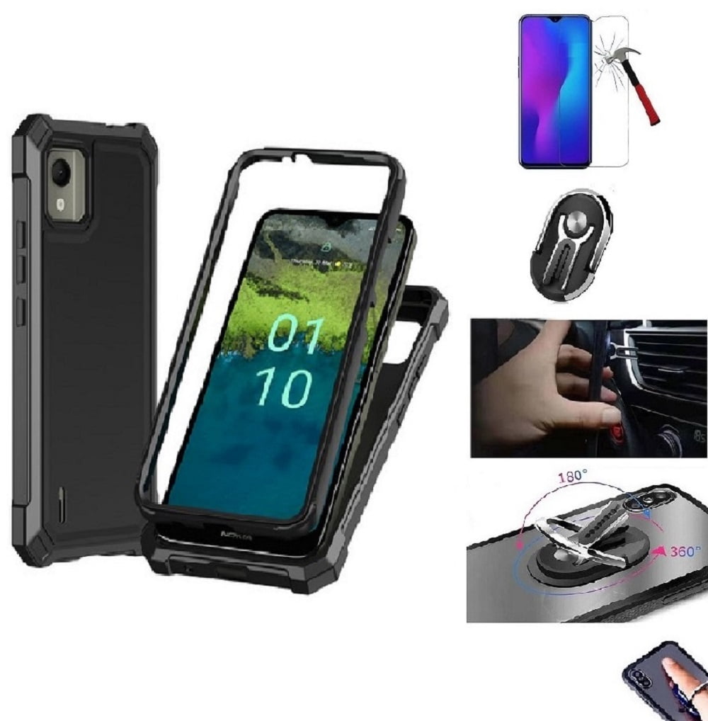 Phone Case for Nokia C110 Straight Talk TracFone Consumer Cellular Full Body TPU Cover Case Multifunctional Ring Tempered Glass Black