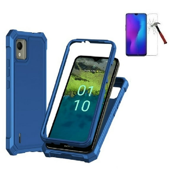Phone Case for Nokia C110 (Straight Talk/ TracFone/Consumer Cellular), Full Body TPU Cover Case + Tempered Glass (Blue)