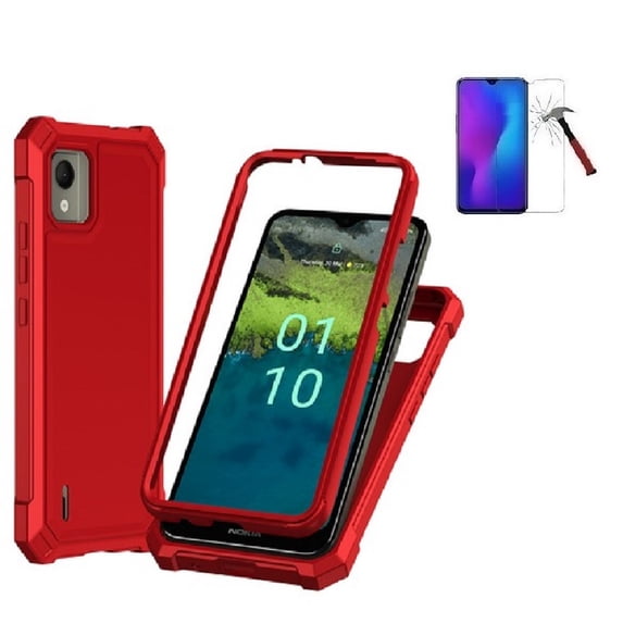 Phone Case for Nokia C110 (Straight Talk/ TracFone/Consumer Cellular), Full Body TPU Cover Case + Tempered Glass (Red)