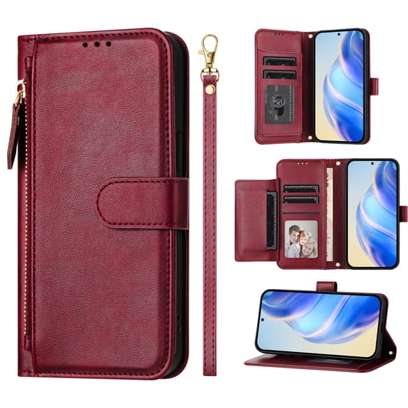 Phone Case for OnePlus 12 5G, Shockproof PU Leather Wallet Case with 7 Card Slots Stand Magnetic Flip Zipper Pocket Cover for OnePlus 12 5G, Red
