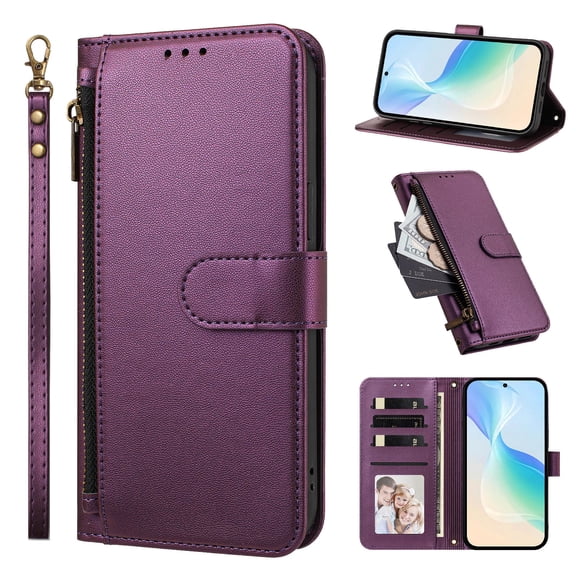 Phone Case for OnePlus 12R 5G, Shockproof PU Leather Flip Wallet Case with 4 Card Slots Stand Magnetic Zipper Pocket Cover for OnePlus 12R 5G, Purple