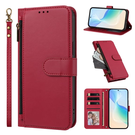 Phone Case for OnePlus 12R 5G, Shockproof PU Leather Flip Wallet Case with 4 Card Slots Stand Magnetic Zipper Pocket Cover for OnePlus 12R 5G, Red