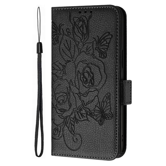 Phone Case for OnePlus 13R, Rose Pattern PU Leather Case with RFID Block Card Slots Stand Magnetic Flip Wallet Cover, Black