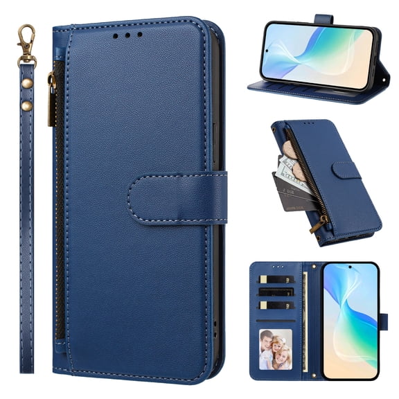 Phone Case for OnePlus 13R, Shockproof PU Leather Flip Wallet Case with 4 Card Slots Stand Magnetic Zipper Pocket Cover for OnePlus 13R, Dark blue