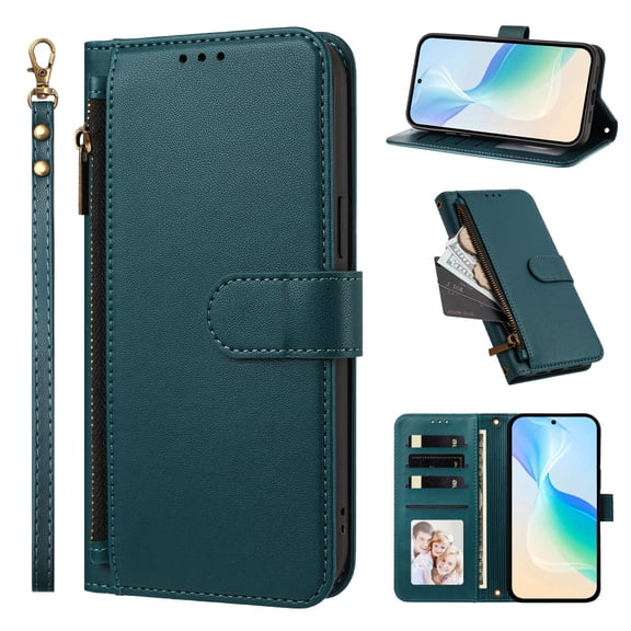 Phone Case for OnePlus 13R, Shockproof PU Leather Flip Wallet Case with 4 Card Slots Stand Magnetic Zipper Pocket Cover for OnePlus 13R, Green