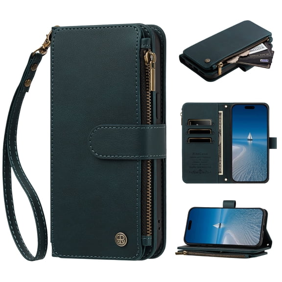 Phone Case for OnePlus N6 4G, Shockproof PU Leather Wallet Case with 9 Card Slots Stand Kickstand Magnetic Flip Zipper Pocket Cover, Green
