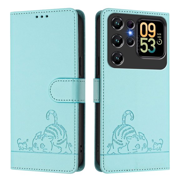 Phone Case for Oukitel C62 / C62 Pro, Cat Pattern PU Leather Case with RFID Block Card Slots Stand Magnetic Flip Wallet Cover, Mint