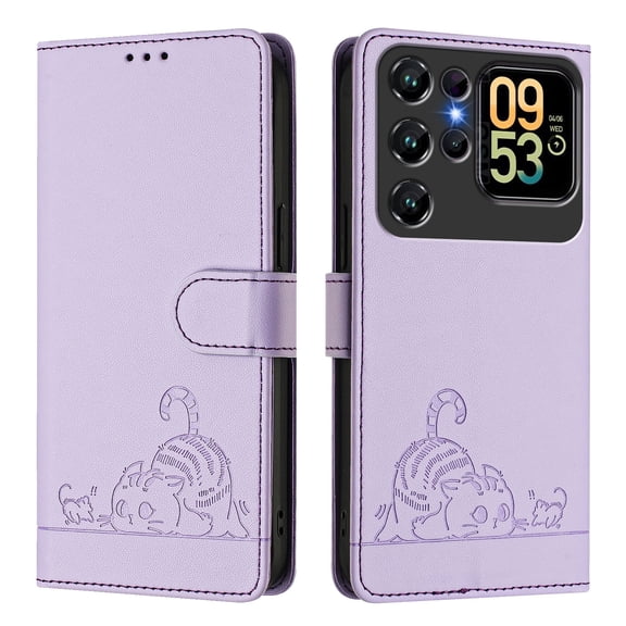 Phone Case for Oukitel C62 / C62 Pro, Cat Pattern PU Leather Case with RFID Block Card Slots Stand Magnetic Flip Wallet Cover, Purple