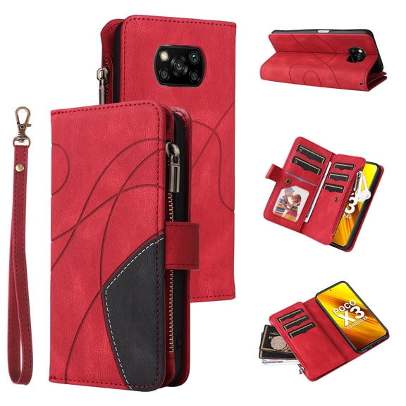 Phone Case for Poco X3 Pro, Zipper Storage Bag 9 Card Slots Shockproof Wallet Cover for Poco X3 Pro