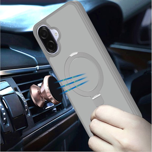 Phone Case for Samsung Galaxy A07 Magnetic Ring Stand Full Rotation Matte Shockproof Grip Anti Slip Durable Camera Protection Hybrid Cover Grey