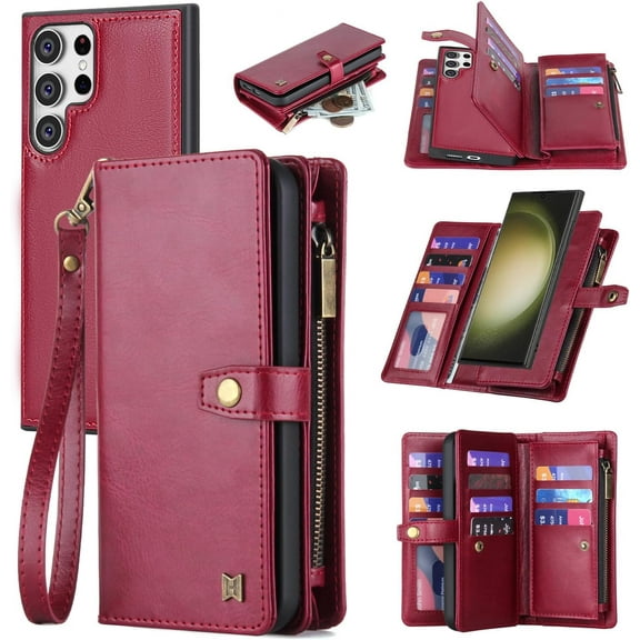 Phone Case for Samsung Galaxy S22 Ultra Wallet Case:Card Holder & Detachable Magnetic,Faux Leather Case for Women/Men,Wrist Strap & Money Pocket