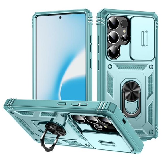 Phone Case for Samsung Galaxy S25 Ultra 5G, Slide Camera Cover Ring Kickstand Heavy‑Duty Shockproof Cover,Green,For Galaxy S25 Ultra 5G