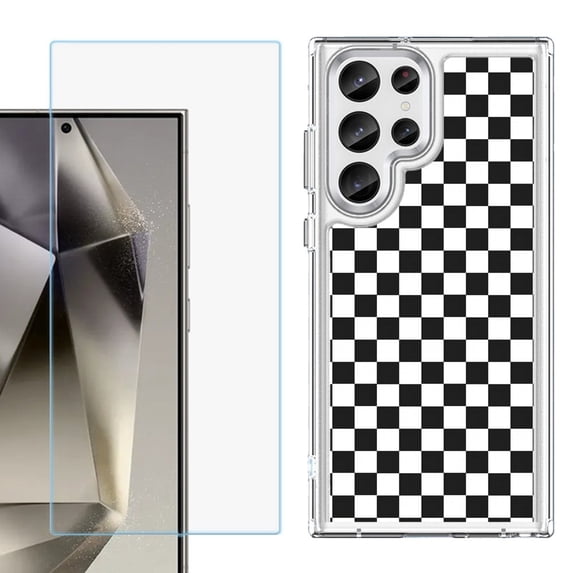 Phone Case for Samsung Galaxy S26 Ultra, with Screen Protector, by OneToughShield - Checker B/W