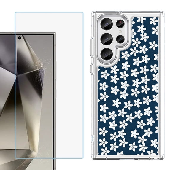 Phone Case for Samsung Galaxy S26 Ultra, with Screen Protector, by OneToughShield - Flower/Blue