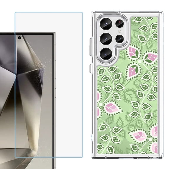 Phone Case for Samsung Galaxy S26 Ultra, with Screen Protector, by OneToughShield - Leaf Pink Green