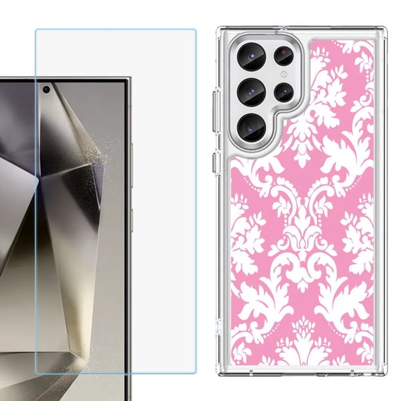 Phone Case for Samsung Galaxy S26 Ultra, with Screen Protector, by OneToughShield - Victorian White/Pink