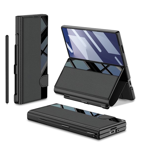 Phone Case for Samsung Galaxy Z Fold 7, PU Leather Flip, Kickstand, Hinge Protection, Black