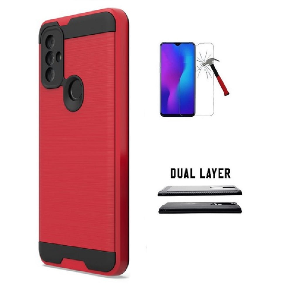 Phone Case for Straight Talk Motorola Moto G Power, Metallic Brushed Design  Cover Case with Tempered Glass Screen Protector (Red)