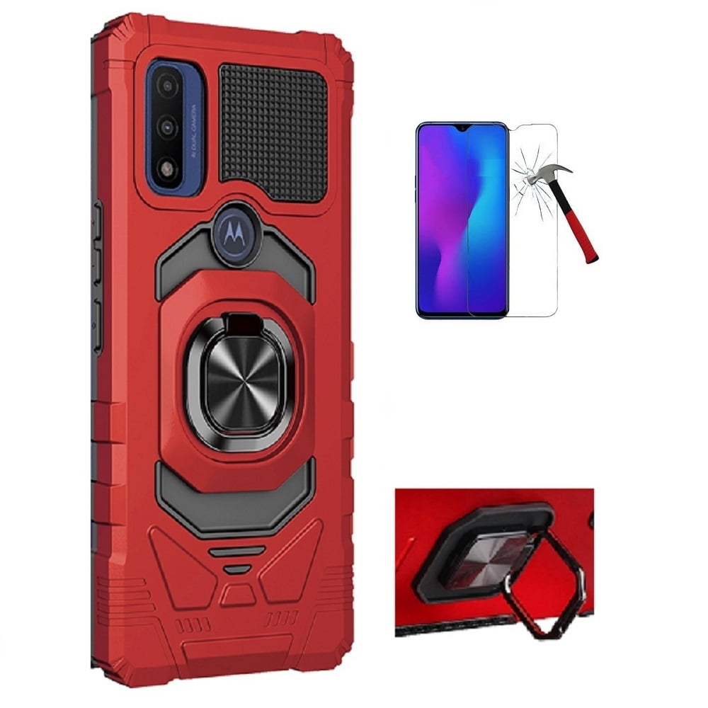 Phone Case for Straight Talk Motorola Moto G Power, Ring Stand Tough Hybrid Case Cover with Tempered Glass (Red) Phone Case for Straight Talk Motorola Moto G Power, Ring Stand Tough Hybrid Case Cover with Tempered Glass (Red)