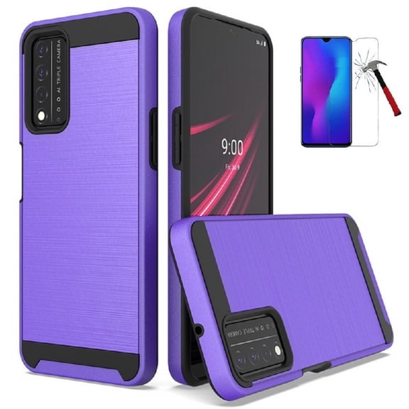 Phone Case for T-Mobile REVVL V PLUS 5G, Slim Metallic Brushed Shock Resistant Case Cover with Tempered Glass (Purple)