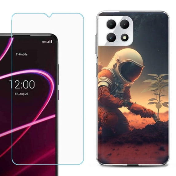 Phone Case for T-Mobile Revvl 7 5G, Shockproof Case Cover with Tempered Glass Screen Protector, by OneToughShield - Astronaut Planting