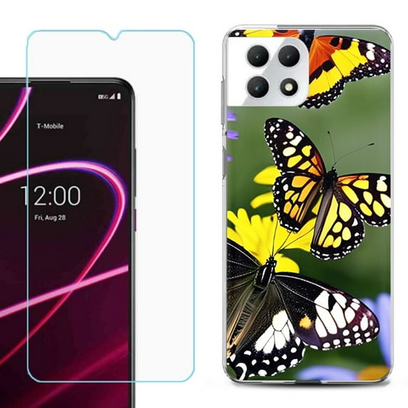 Phone Case for T-Mobile Revvl 7 5G, Shockproof Case Cover with Tempered Glass Screen Protector, by OneToughShield - Butterfly Flower