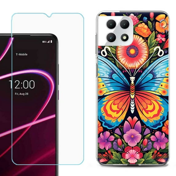 Phone Case for T-Mobile Revvl 7 5G, Shockproof Case Cover with Tempered Glass Screen Protector, by OneToughShield - Butterfly Garden