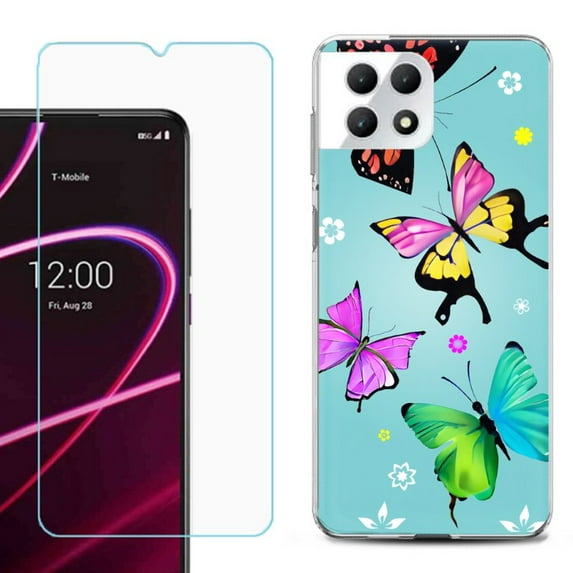 Phone Case for T-Mobile Revvl 7 5G, Shockproof Case Cover with Tempered Glass Screen Protector, by OneToughShield - Butterfly