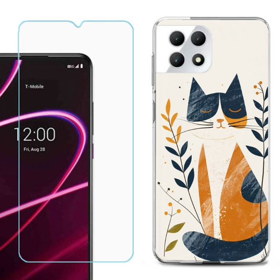 Phone Case for T-Mobile Revvl 7 5G, Shockproof Case Cover with Tempered Glass Screen Protector, by OneToughShield - Calm Cat