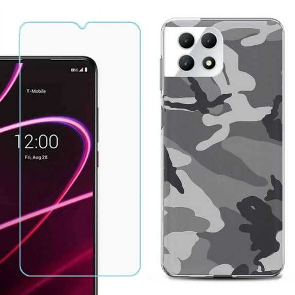 Phone Case for T-Mobile Revvl 7 5G, Shockproof Case Cover with Tempered Glass Screen Protector, by OneToughShield - Camo B/W