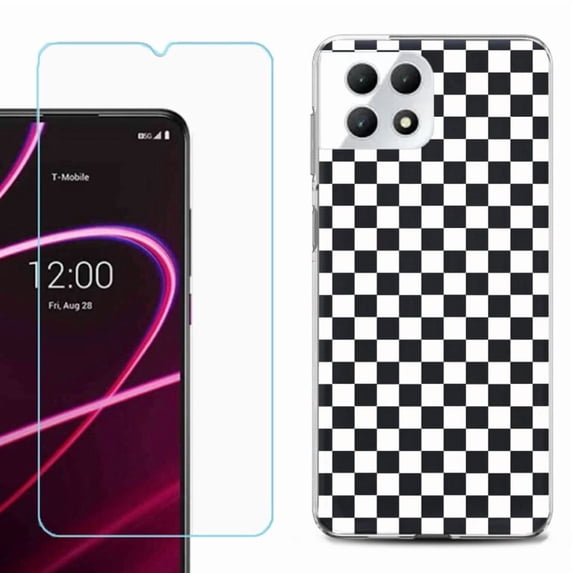 Phone Case for T-Mobile Revvl 7 5G, Shockproof Case Cover with Tempered Glass Screen Protector, by OneToughShield - Checker B/W