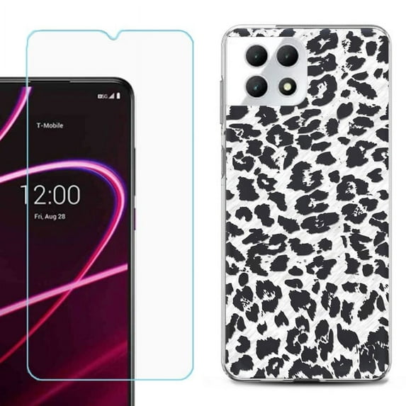 Phone Case for T-Mobile Revvl 7 5G, Shockproof Case Cover with Tempered Glass Screen Protector, by OneToughShield - Cheetah B/W
