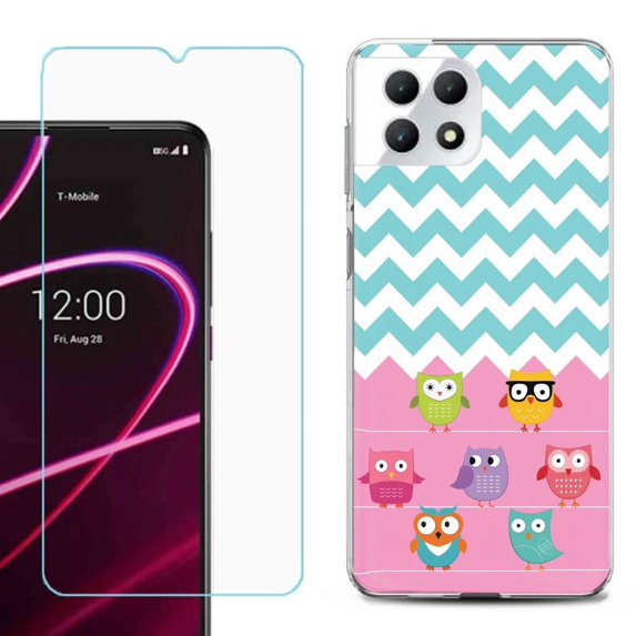 Phone Case for T-Mobile Revvl 7 5G, Shockproof Case Cover with Tempered Glass Screen Protector, by OneToughShield - Chevron/Teal/Owl